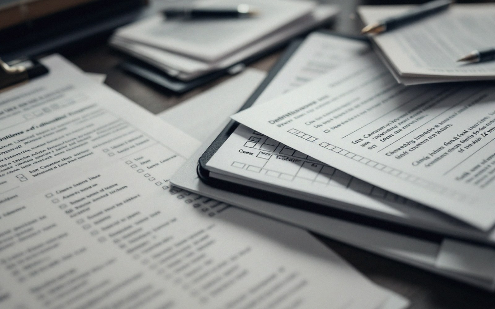 Papers, forms and reference volumes on a desk